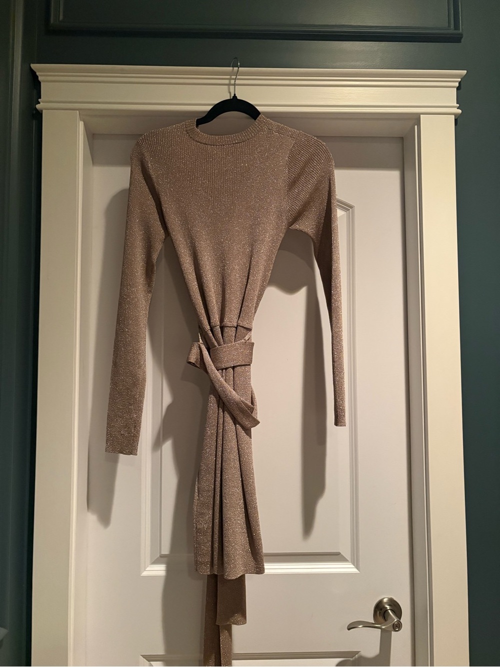 3.1 Phillip Lim Sparkle Knit Long-Sleeve Belted Dress in Champagne Gold